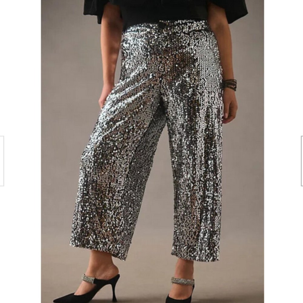Anthropologie Silver Sequin Wide-Leg Pants - Picture 2 of 9